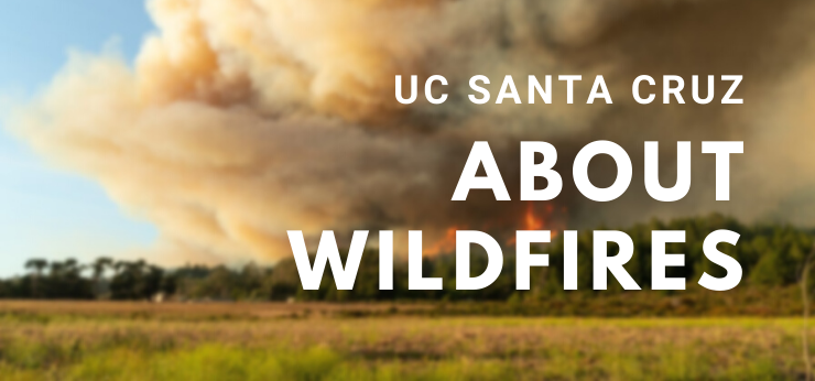 Wildfire in the background with the text UC Santa Cruz About Wildfires in the foreground