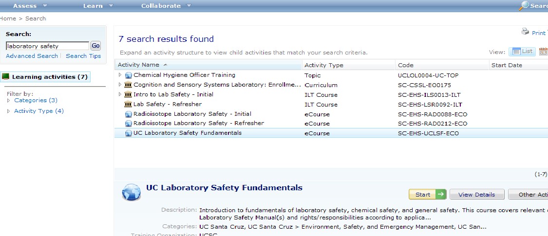 screenshot of lab safety fundamentals e-course selection